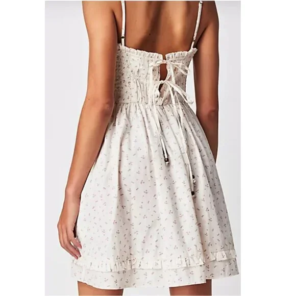 NEW Free People Gabby Mini Dress Ivory Sweetheart Ruched Cherries Cherry Print - Picture 5 of 5